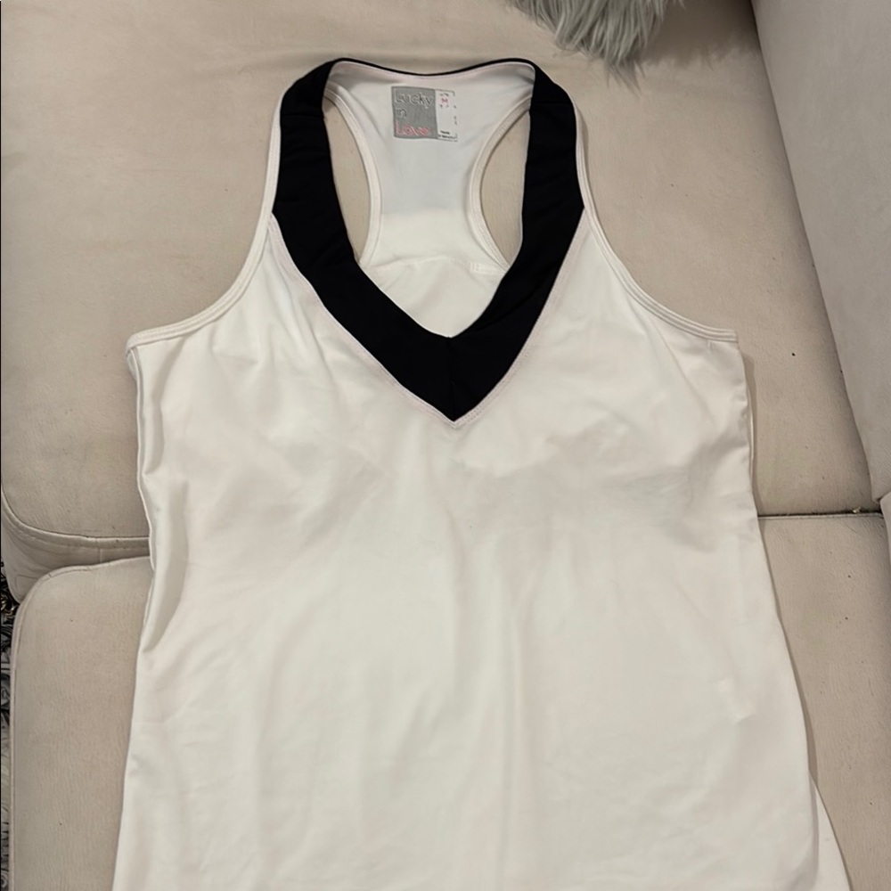 Lucky in Love White and Black Sleeveless Tank Top racer back built in bra